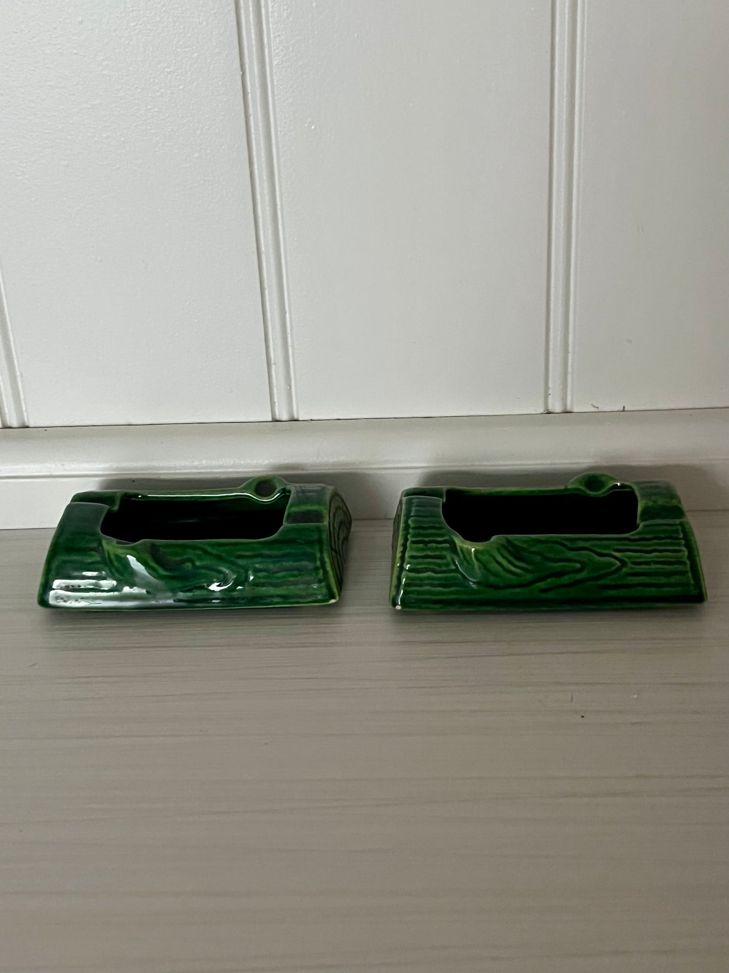 Pair of 1950s Treasure Craft Green Ceramic Log Ashtrays – Forest Woodgrain Glaze Set of 2
