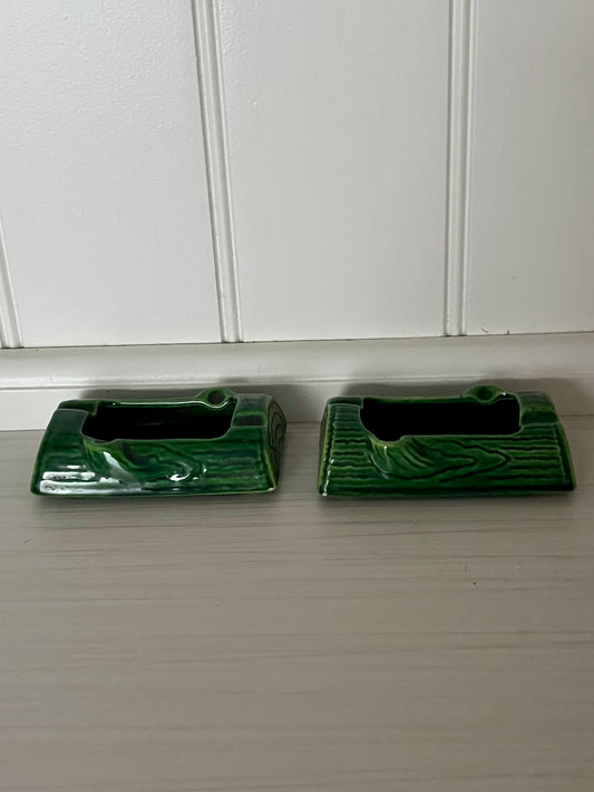 Pair of 1950s Treasure Craft Green Ceramic Log Ashtrays – Forest Woodgrain Glaze Set of 2