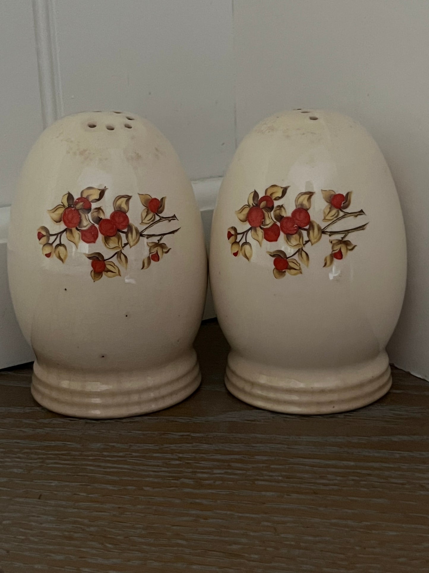 Vintage Cream Oval Egg Ceramic Bittersweet Salt & Pepper Shakers by Universal Cambridge Red Flower 1940's