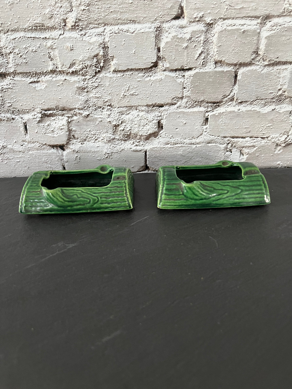 Pair of 1950s Treasure Craft Green Ceramic Log Ashtrays – Forest Woodgrain Glaze Set of 2
