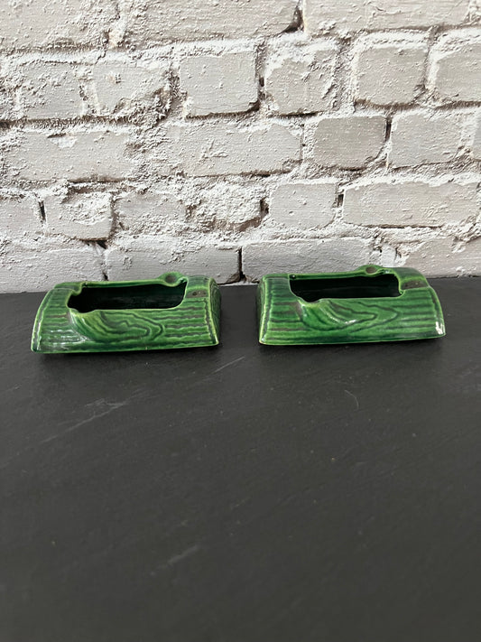 Pair of 1950s Treasure Craft Green Ceramic Log Ashtrays – Forest Woodgrain Glaze Set of 2