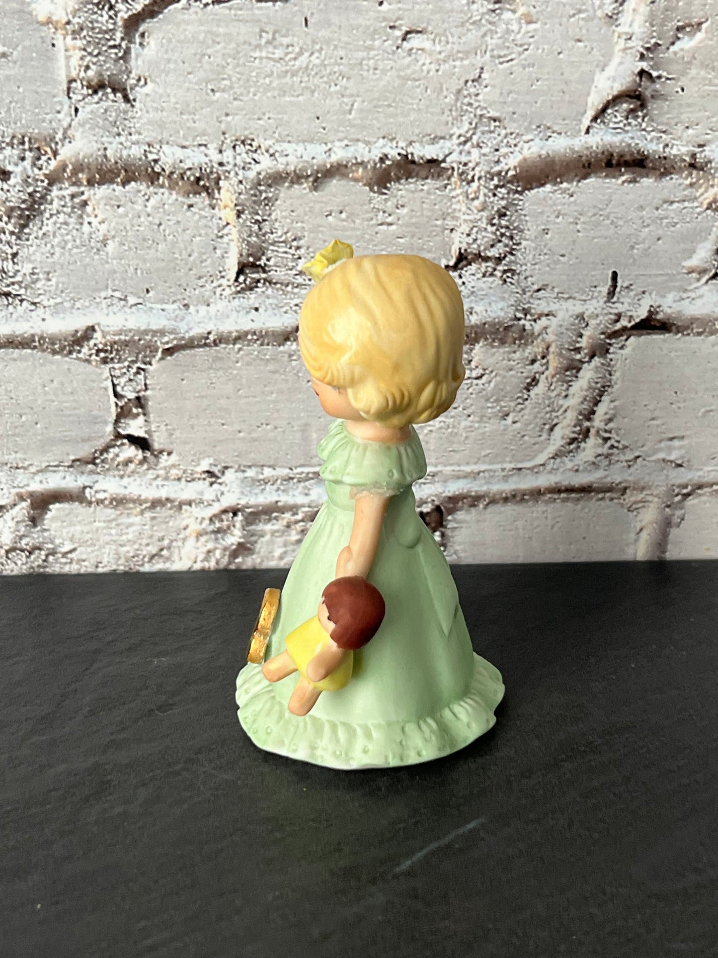 Vintage Enesco Growing Up Birthday Girls Age 3 Figurine – Bisque Porcelain Touched Up/Repaired Blonde Girl with Doll Pastel Green Dress (1980s–1990s)