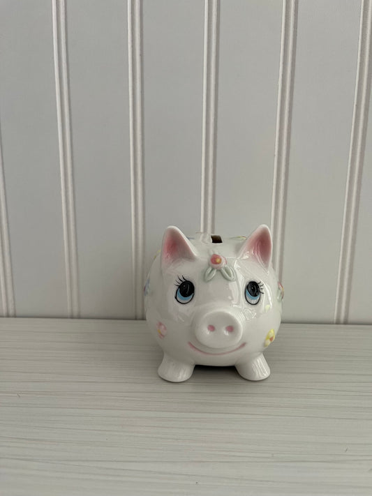 Vintage Kitsch Circa 2000 White Porcelain Piggy Bank - Embossed Pastel Floral  Design