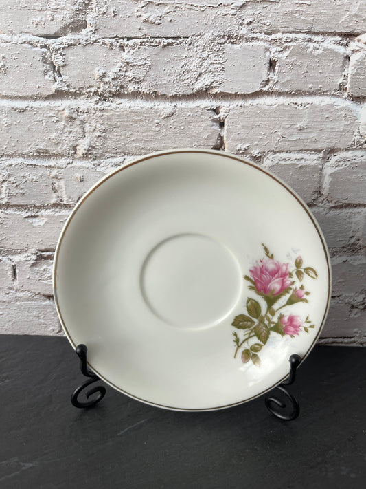 Vintage 1950s Made in Japan Pink Rose with Baby’s Breath  Saucers – Gold Rim Porcelain Floral (2 Saucer)