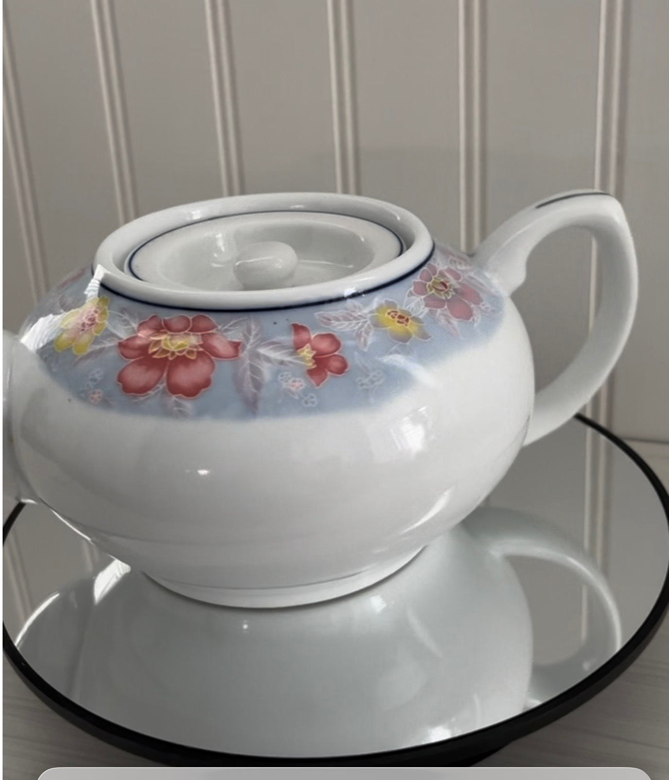 Vintage  L. Long TAO Pink, Yellow, Blue Floral Print Porcelain Tea Pot with Flat Lid