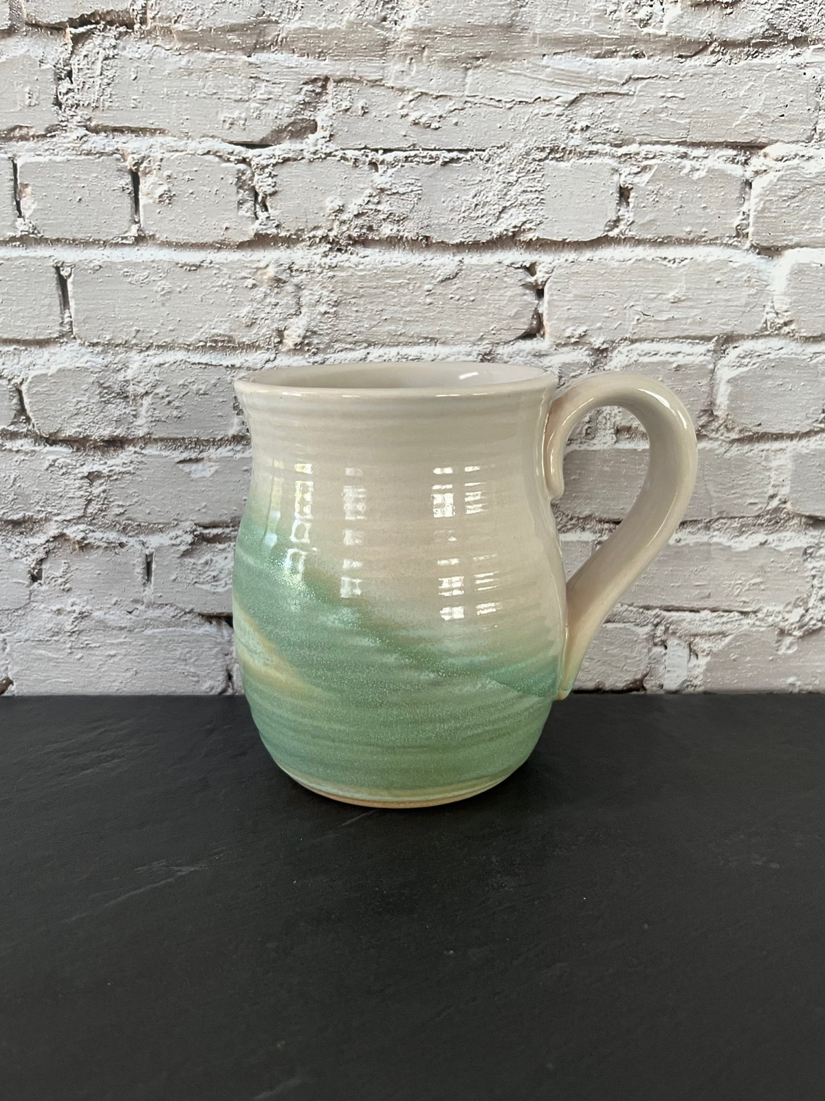 Vintage Style Oh Susie Paw Paw Pottery Green & Cream Glazed Stoneware Handled Vase XL Crock Mug– 5”