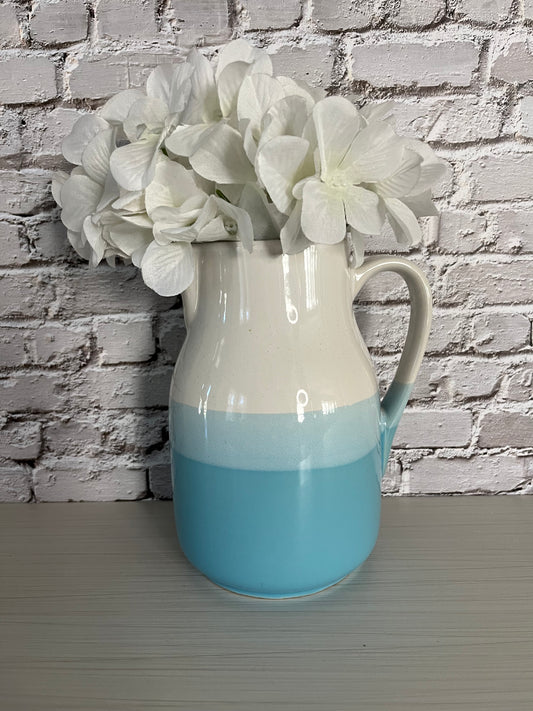 1960s Inspired Dip Glazed Art Pottery Pitcher Jug – Ombré Turquoise Blue & White Ceramic