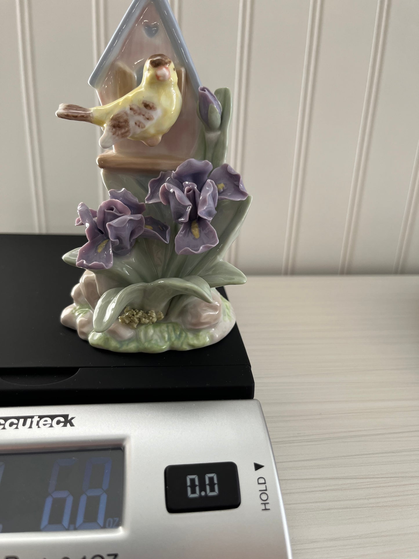 Vintage c.1990s Porcelain  Birdhouse & Iris Figurine | Cottagecore Spring Garden Decor
