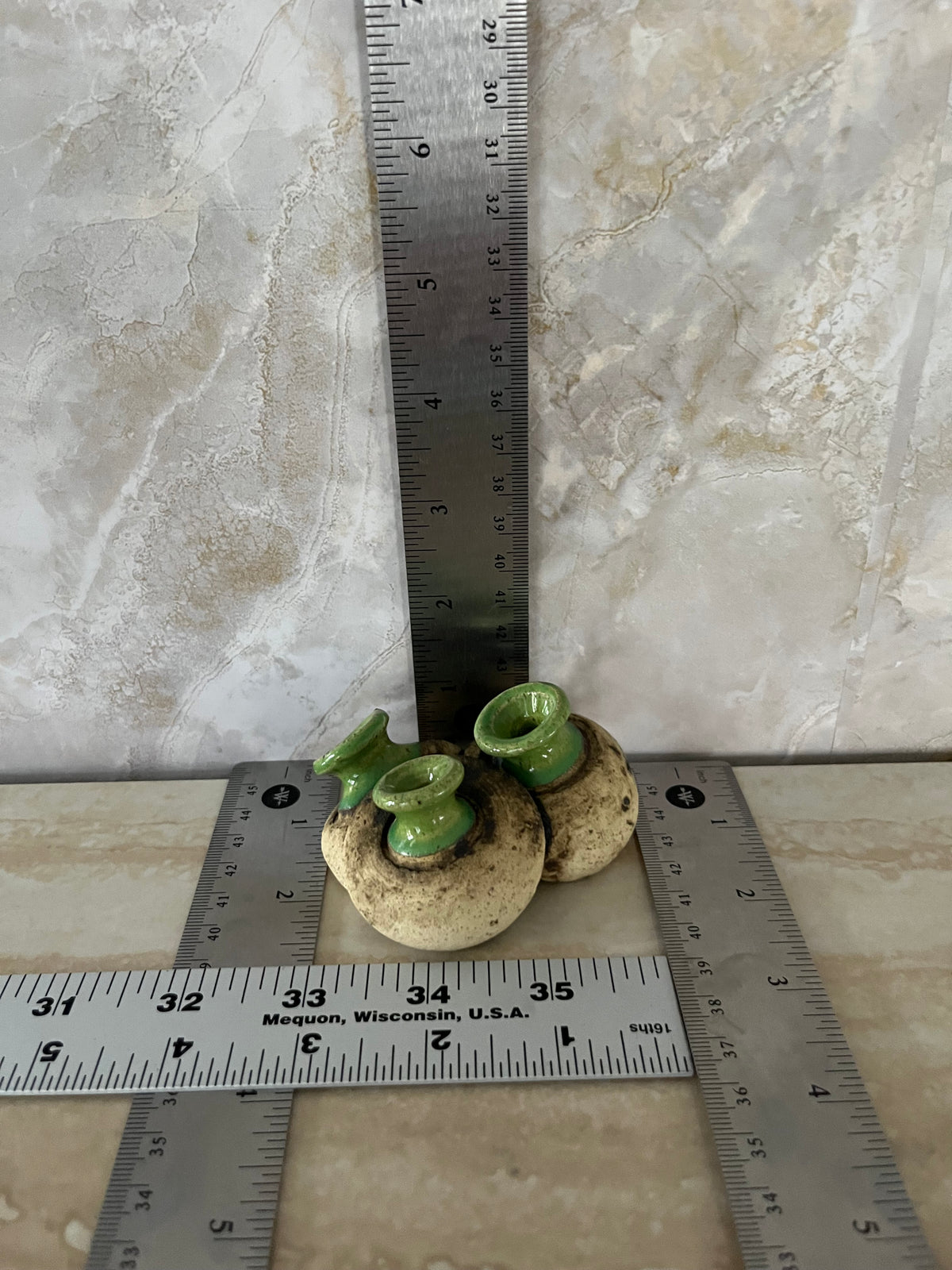 C1970s Signed Studio Pottery Triple Spout Flower Frog Bud Vase – Green Glaze Handmade Ceramic