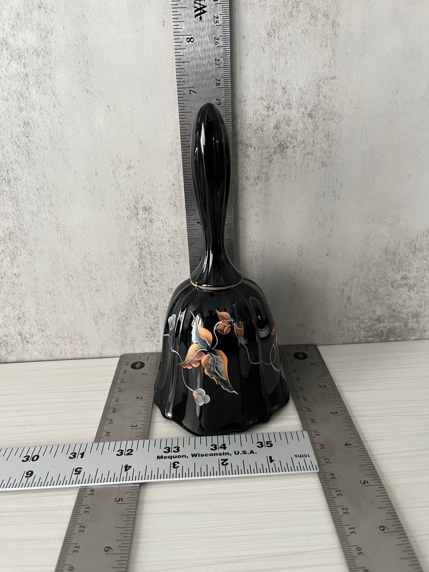 Vintage 1994 Fenton Aurora Black Hand-Painted Autumn Leaves Glass Dinner Bell – Signed by Artist D. Gesel