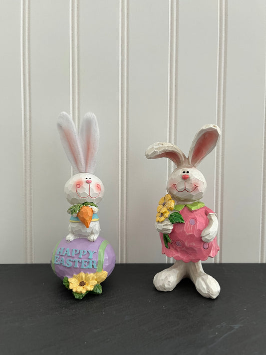 Pair of 6” Resin Easter Bunnies - Happy Easter Egg Bunny &  Pink Dress Bunny