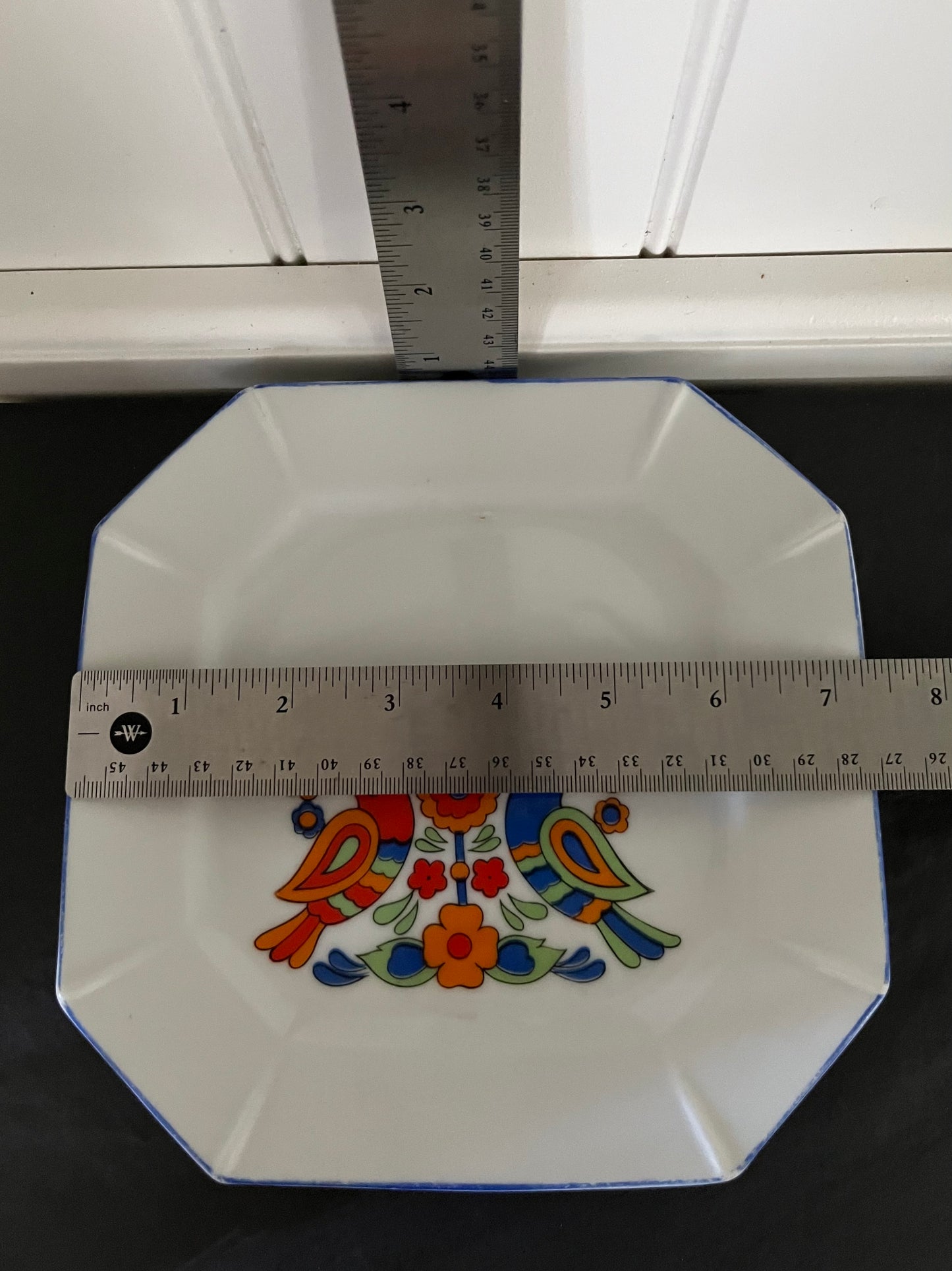Vintage 1970s Japanese Folk Art Bird Dessert Plates | Floral Octagonal Set of 2