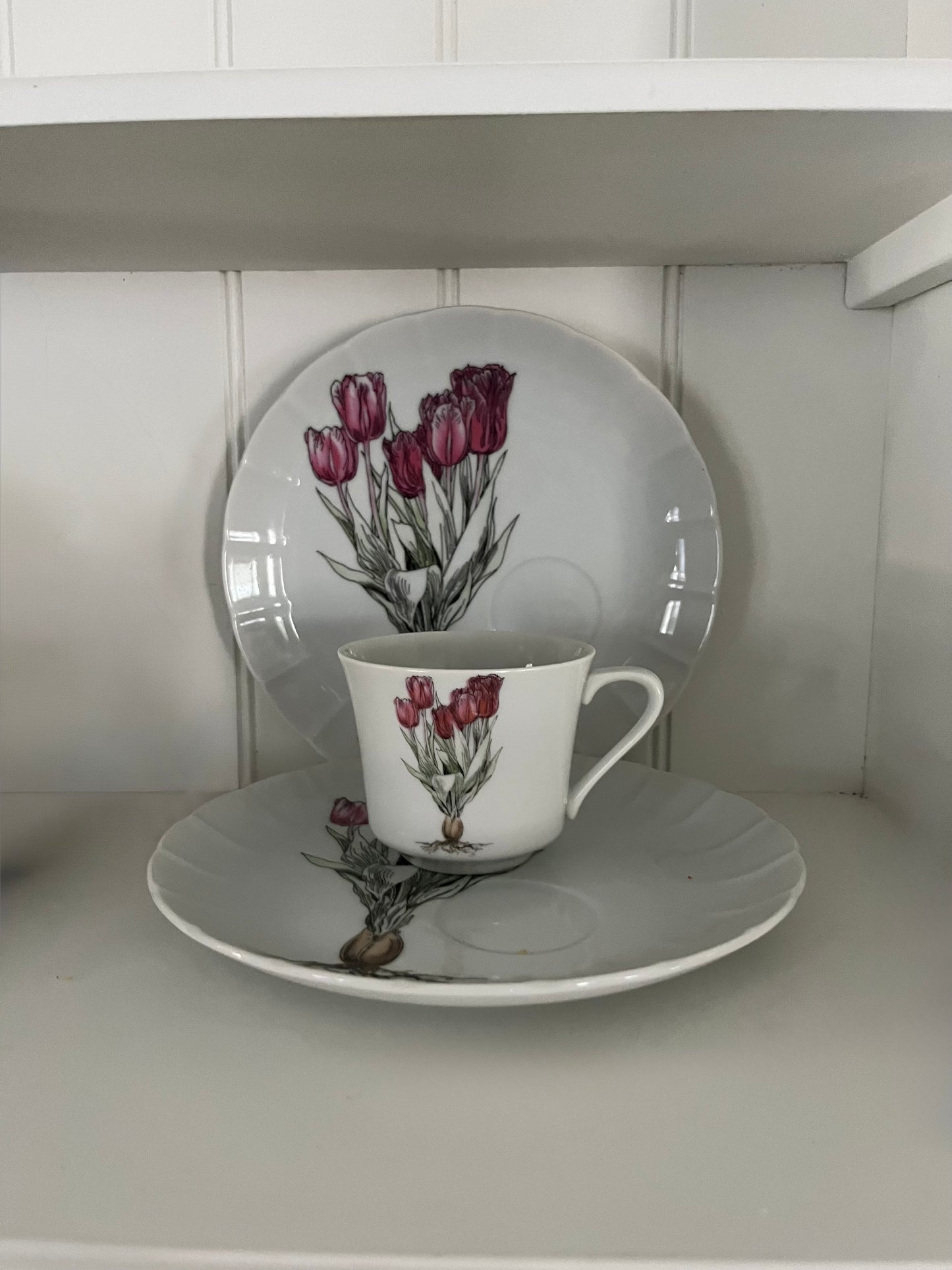 2 Vintage Pink Snack Plate & 1 Tea Cup Set Tulip by SEYMOUR MANN Botanical Modern Fine China