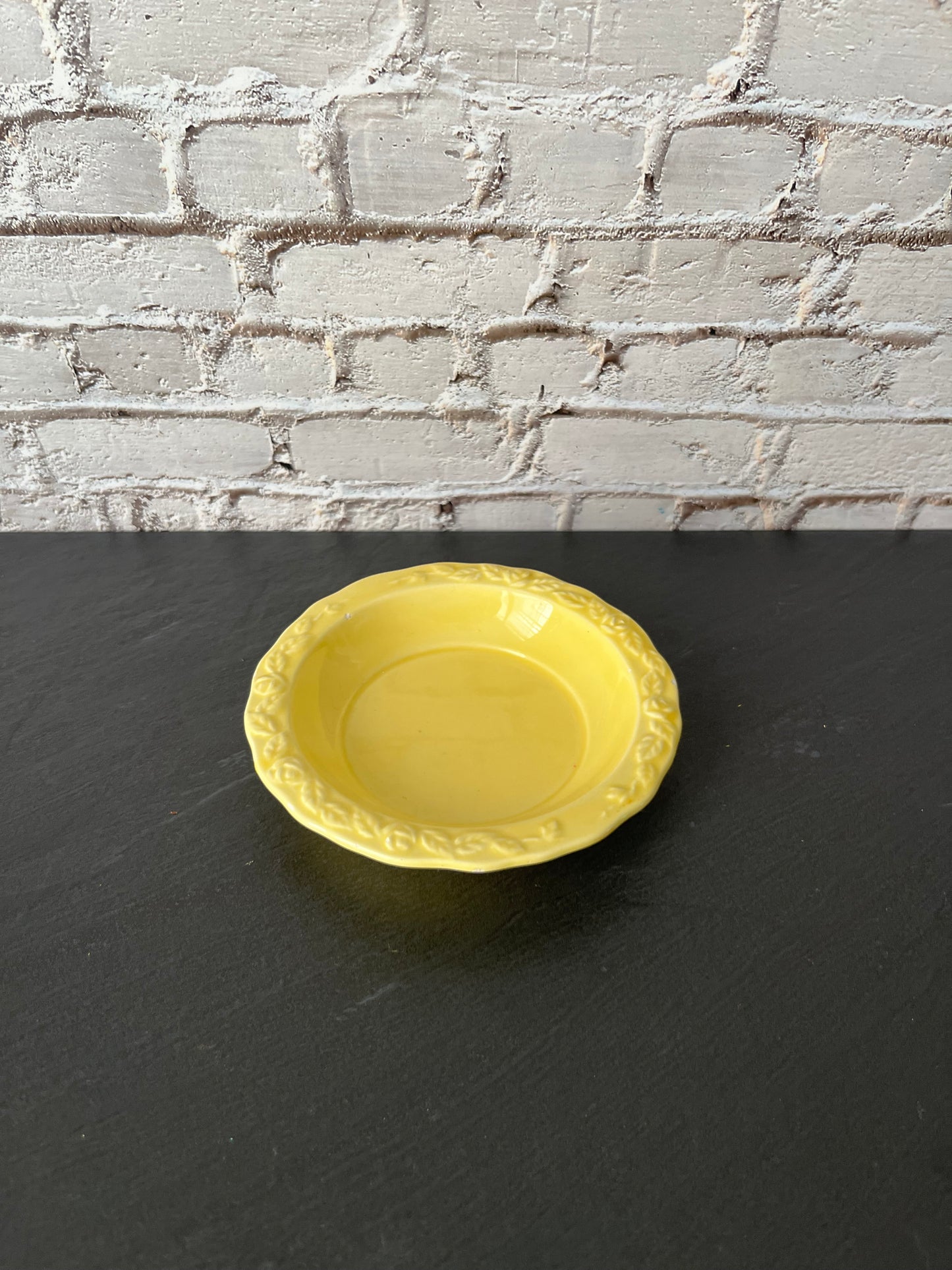 Vintage Yellow Ceramic Trinket Dish Embossed Rim Cottage Farmhouse Ring Dish 1960s