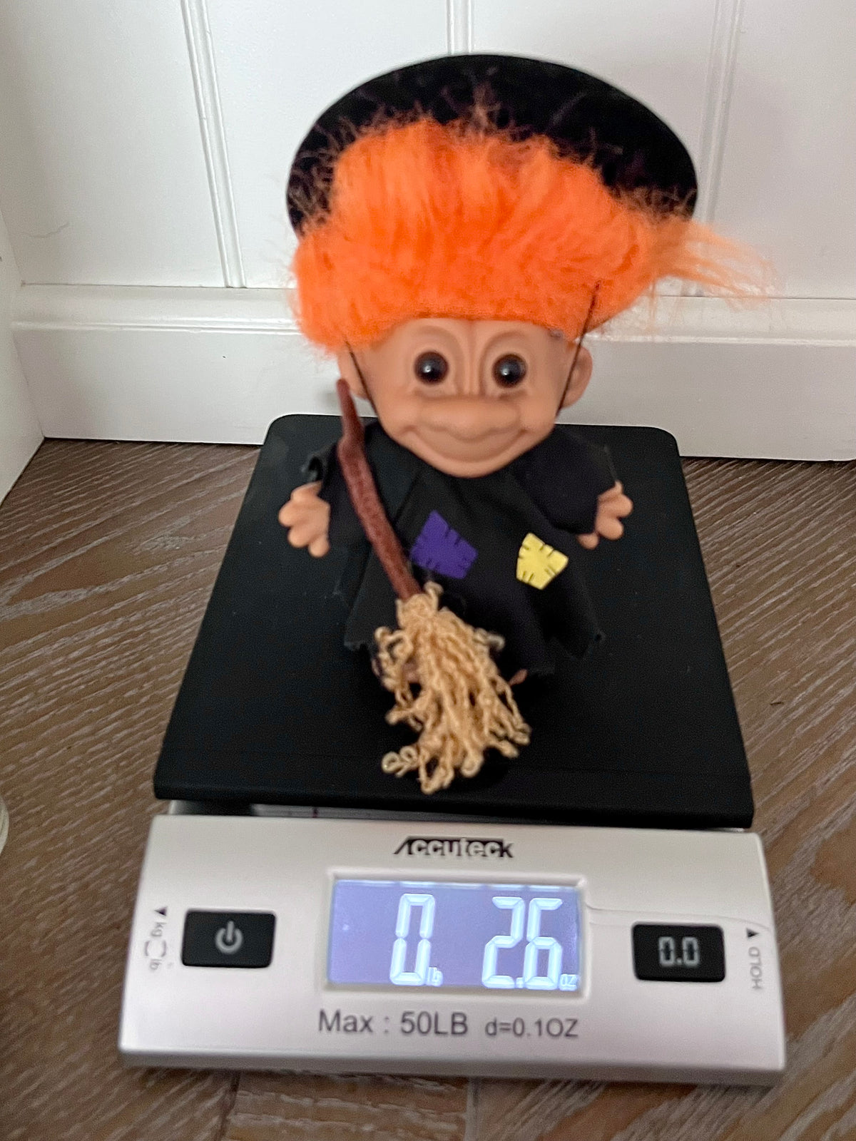 Vintage c1990s Russ Berrie Halloween Witch Troll Doll #25503 | Orange Hair Broom | 6”