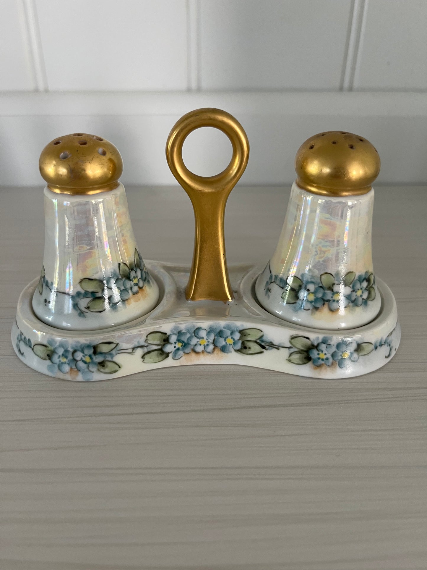 Vintage Early 1900s Lusterware Handpainted Forget-Me-Nots Salt and Pepper Shakers on Carrier, Gold Painted Accents