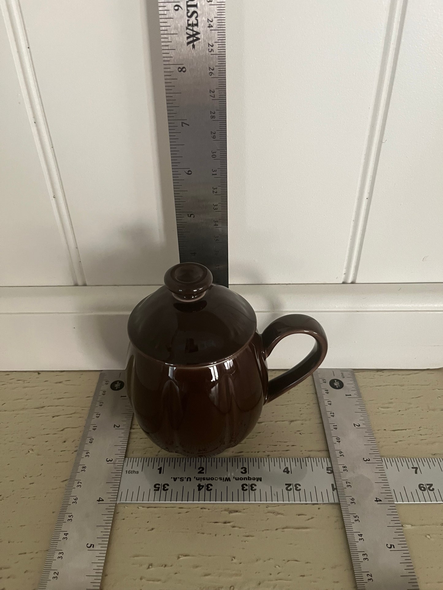 2 Teavana Lidded Porcelain Tea Mugs with One Infuser – Espresso Brown (2000s)