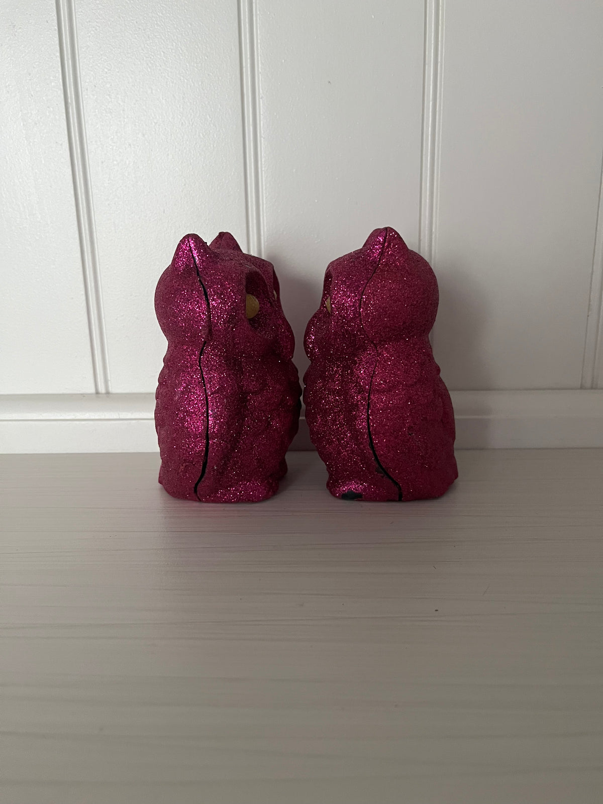 Pair of Glitter Magenta Pink Light-Up Owl Figurines ,  Halloween Décor