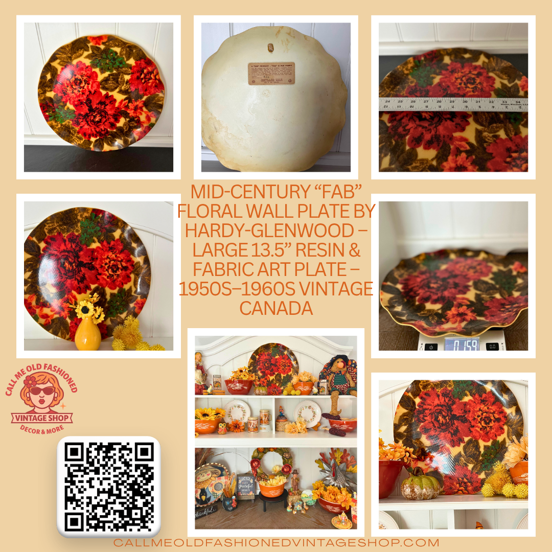 Mid-Century “FAB” Floral Wall Plate by Hardy-Glenwood – Large 13.5” Resin & Fabric Art Plate – 1950s–1960s Vintage Canada