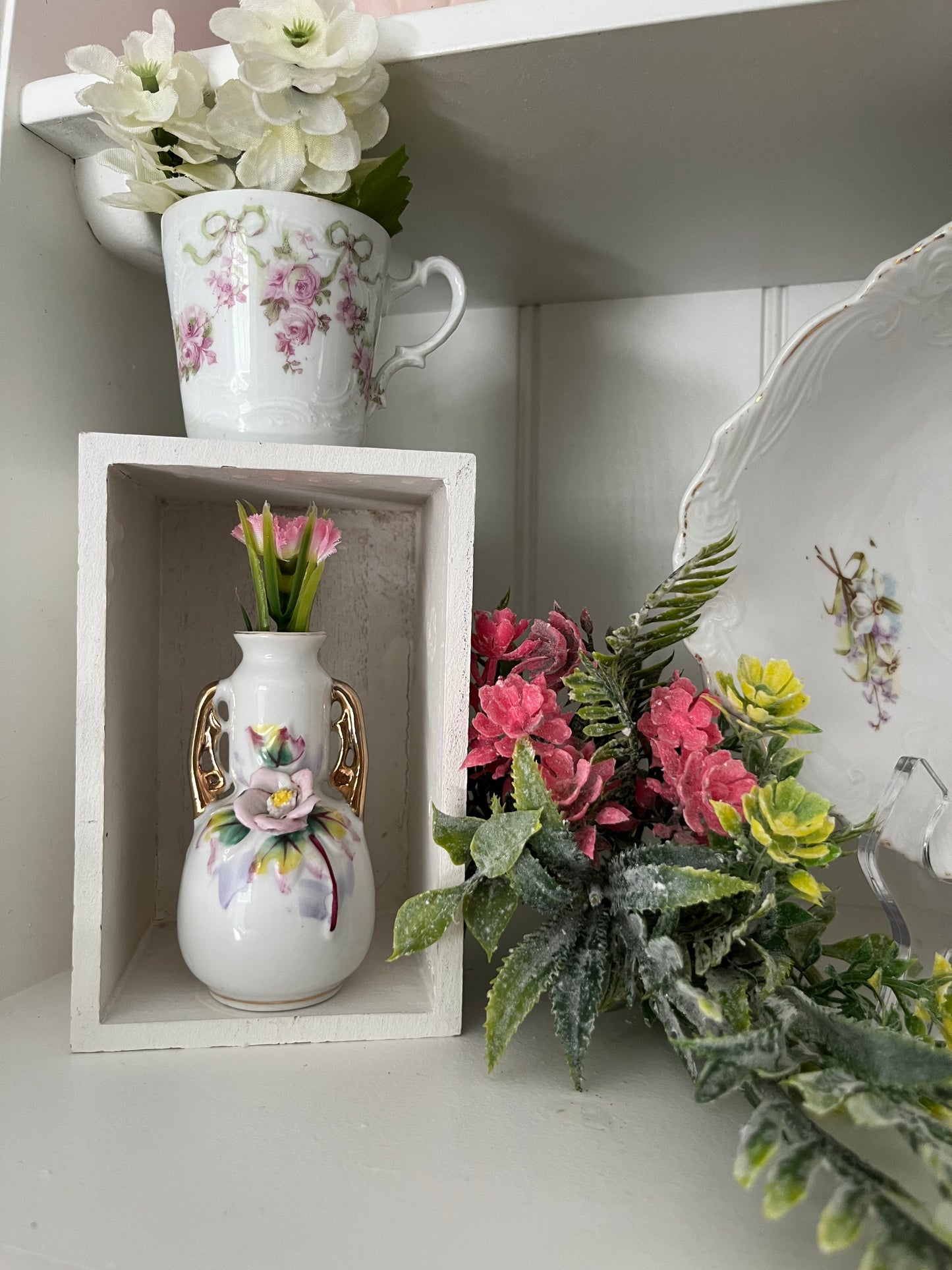 Antique German Porcelain Demitasse Cup – Pink Rose & Ribbon Garland, c. 1890–1910