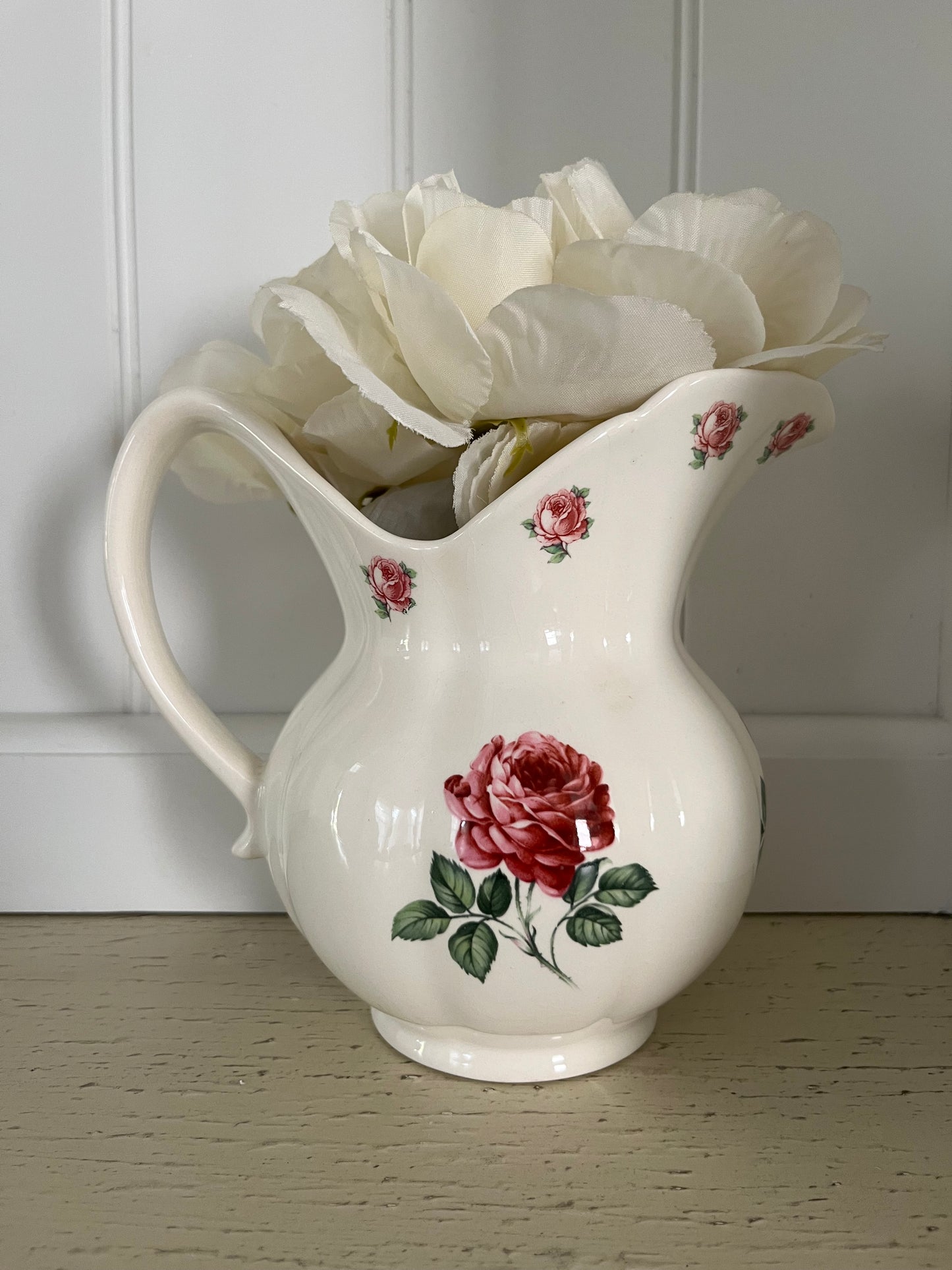 Vintage  Cream Glaze Ceramic Floral Rose Pitcher | Hand-Decorated Cottage & Regency Style | 6.5″ Tall
