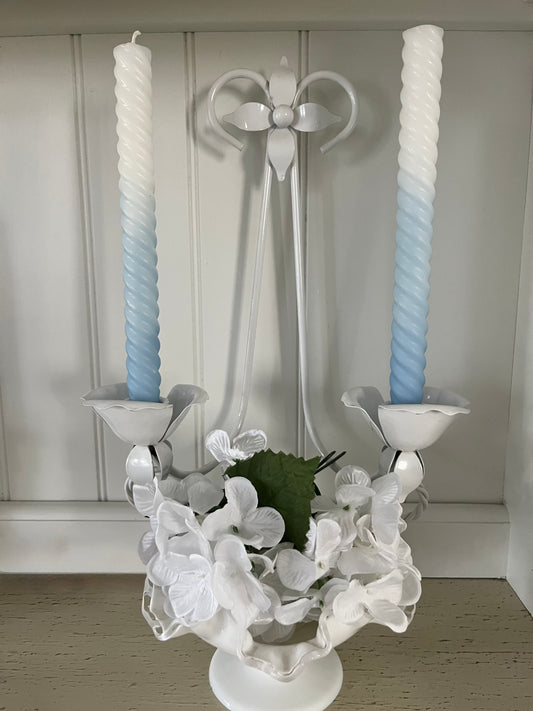 Vintage C.1980’s White Tole Double Wall Candle Sconce with tulip-shaped candle cups, and a four-pointed floral petal at the top