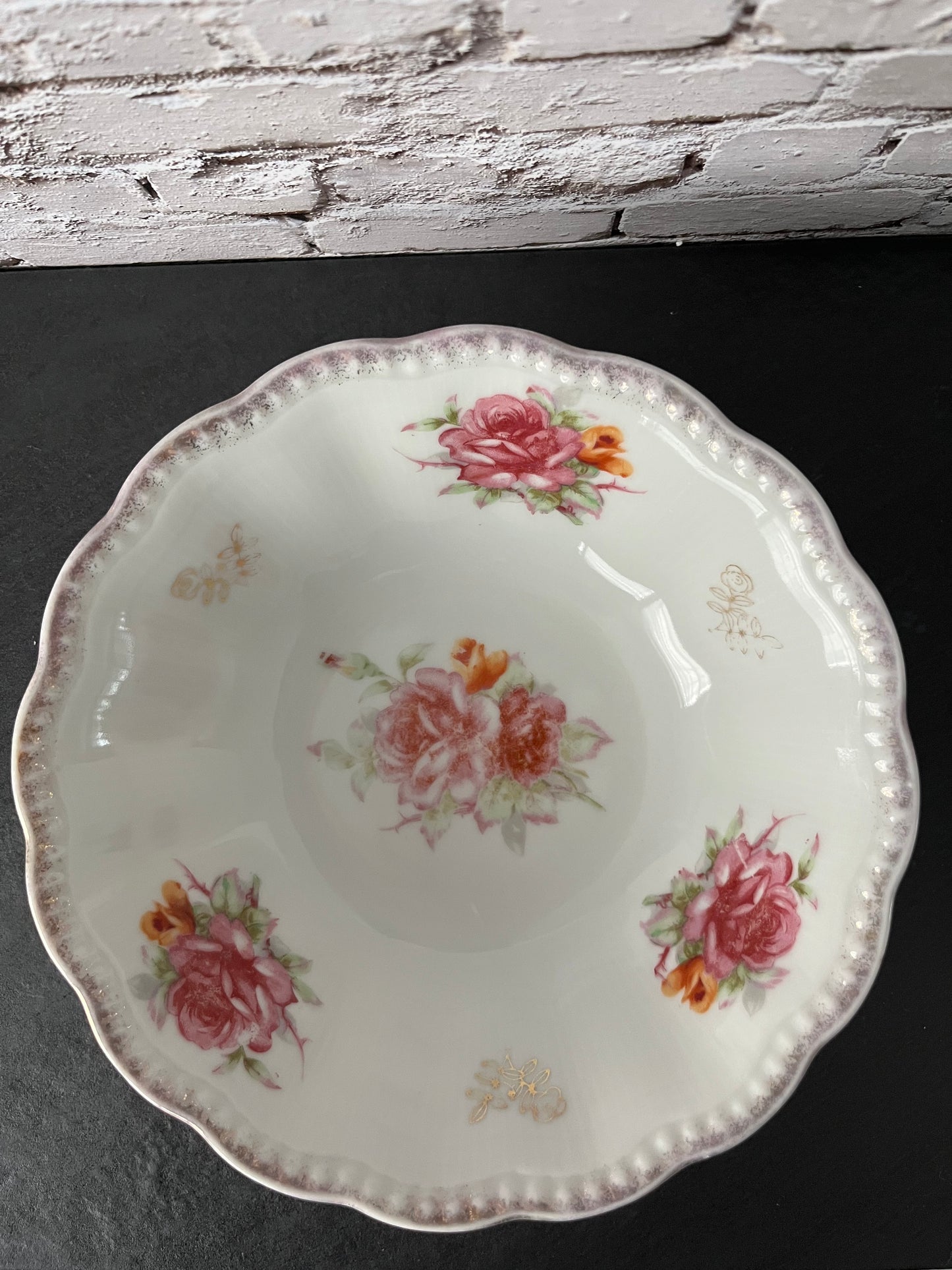 Vintage 1950s–1960s Japanese Porcelain Rose Bowl – 8” Scalloped Floral Serving Dish with Gold Accents