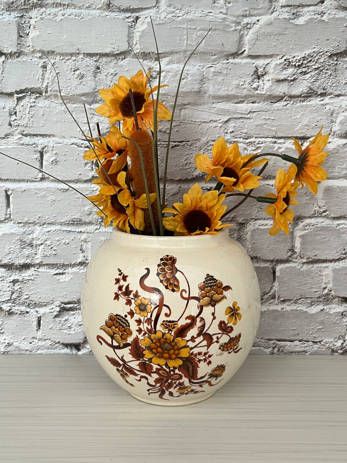 Vintage 1960s–1970s Sadler England Floral Ironstone Ginger Jar Vase (No Lid)  – Brown & Mustard Chintz, 5”