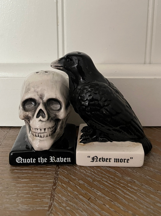 Vintage “Quote the Raven” Skull and Raven Ceramic Salt & Pepper Shaker Set (c. 2000s)