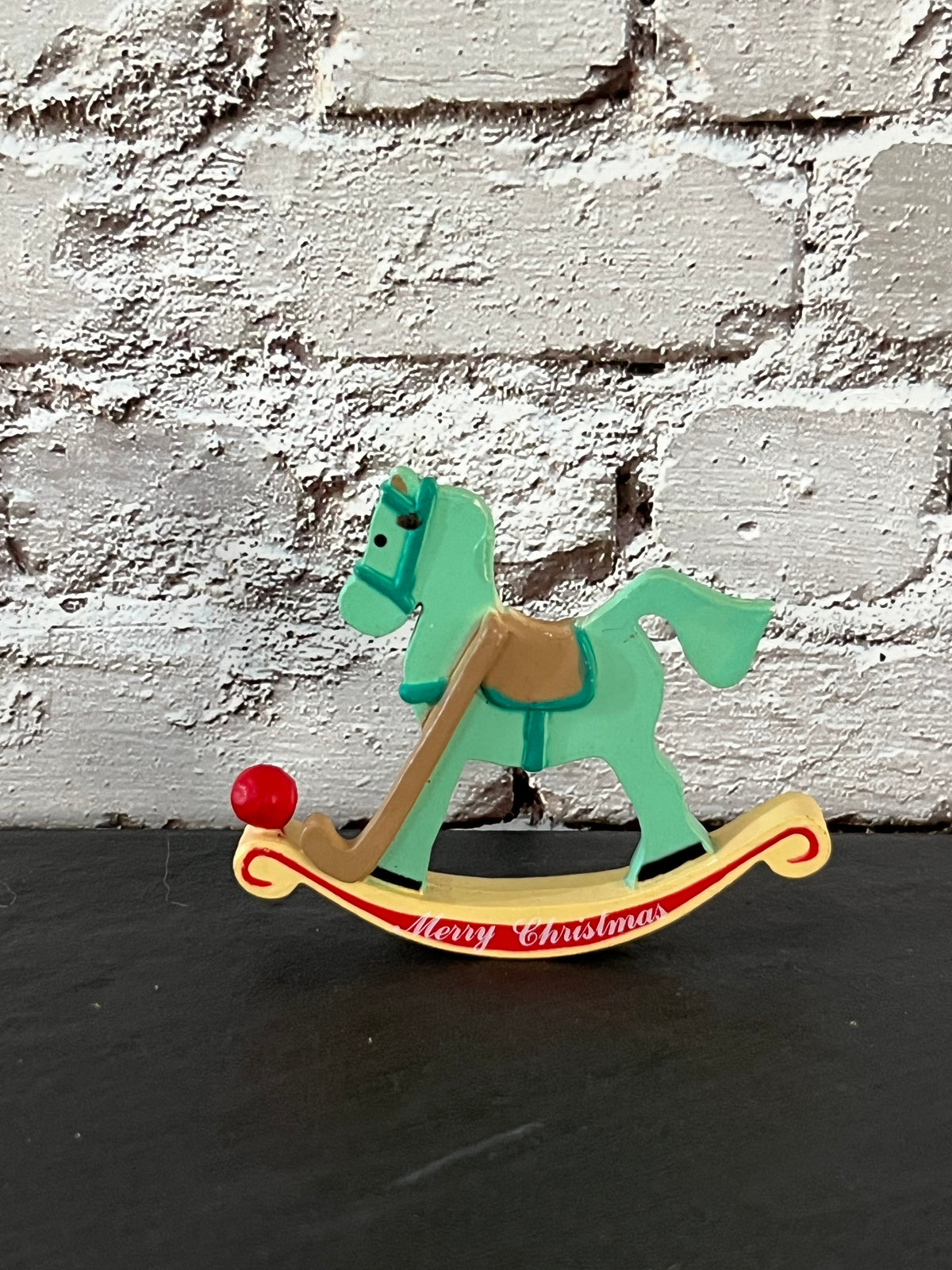 Miniature Vintage Christmas Rocking Horse Figurine – Mint Green Merry Christmas Holiday Décor – 3”