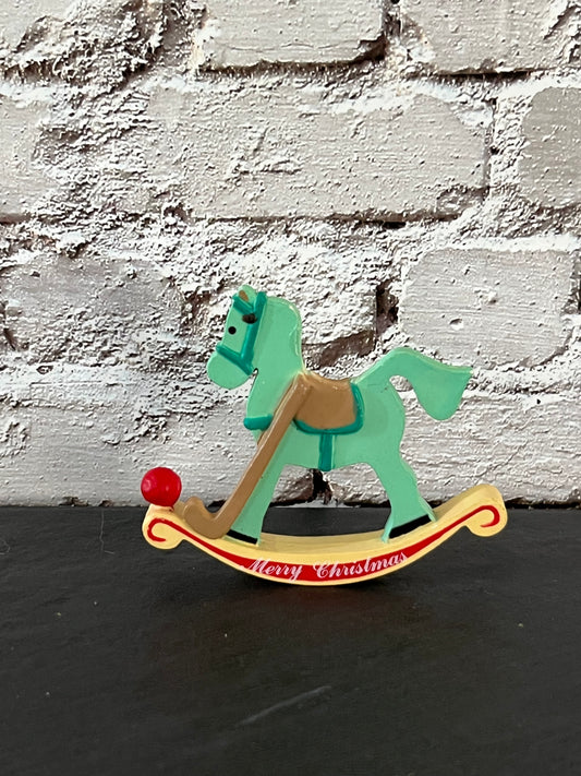 Miniature Vintage Christmas Rocking Horse Figurine – Mint Green Merry Christmas Holiday Décor – 3”