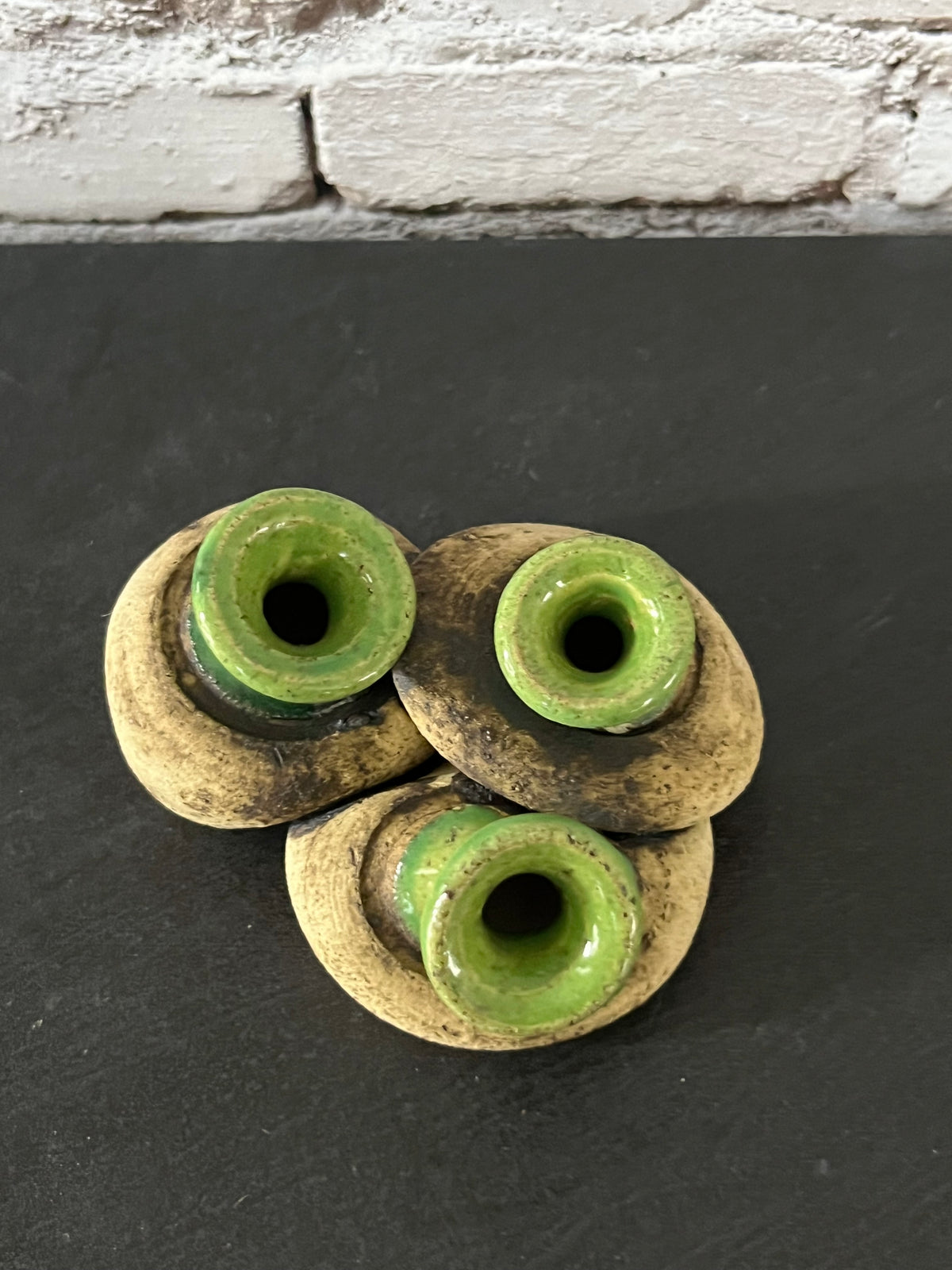 C1970s Signed Studio Pottery Triple Spout Flower Frog Bud Vase – Green Glaze Handmade Ceramic