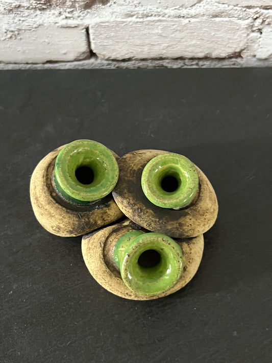 C1970s Signed Studio Pottery Triple Spout Flower Frog Bud Vase – Green Glaze Handmade Ceramic
