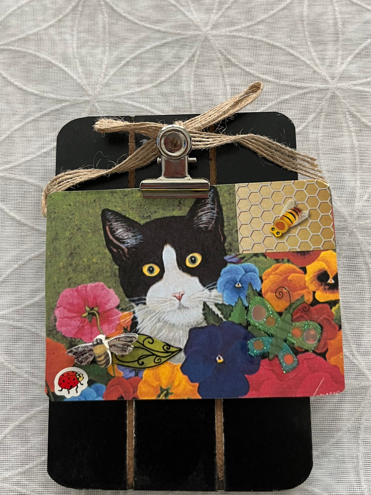 Original Tuxedo Cat ACEO Mixed Media Art on Black Display Board