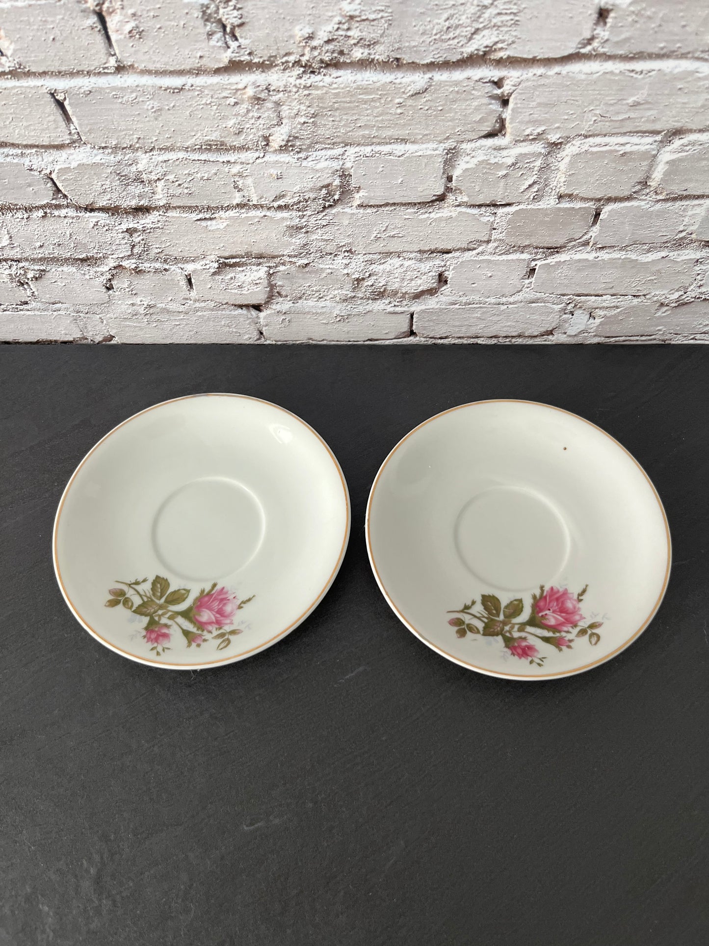 Vintage 1950s Made in Japan Pink Rose with Baby’s Breath  Saucers – Gold Rim Porcelain Floral (2 Saucer)