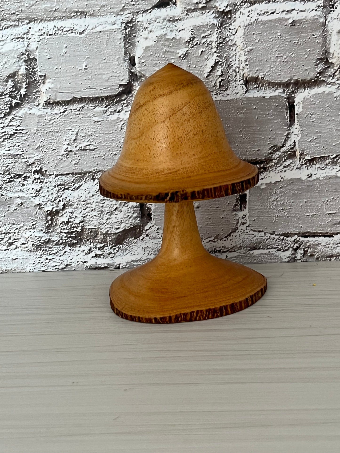 Retro 2002 Hand-Turned Wooden Mushroom Pedestal Stand – Signed “A Selke / Orange Wood” (Mini Display, Folk Art)