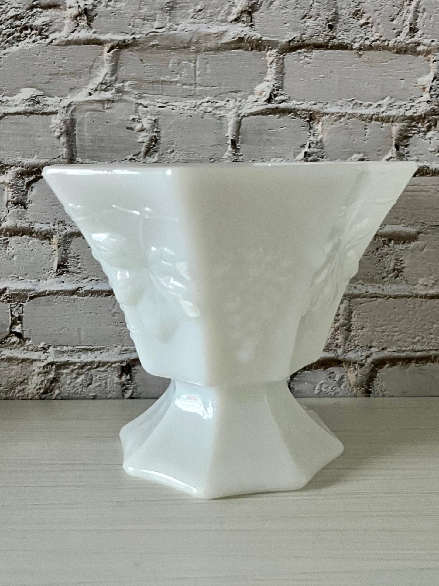 Vintage Anchor Hocking Milk Glass Octagon Compote
Grapes & Leaves Pattern — Flared Pedestal Bowl (c1960s-70’s)
