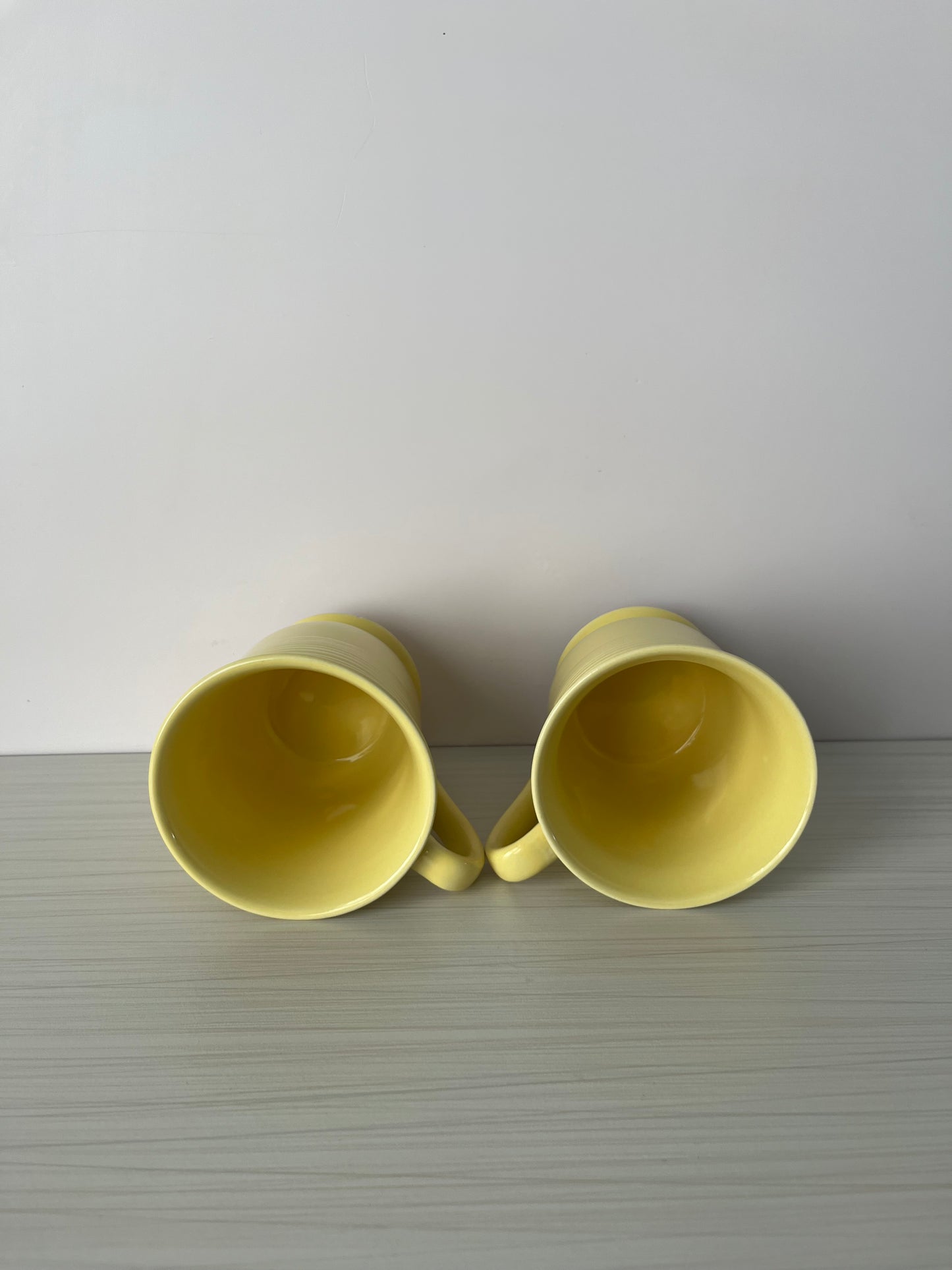 1990s Gibson Everyday Yellow Pedestal Coffee Mugs – Set of 2 Ribbed Footed Stoneware Cups