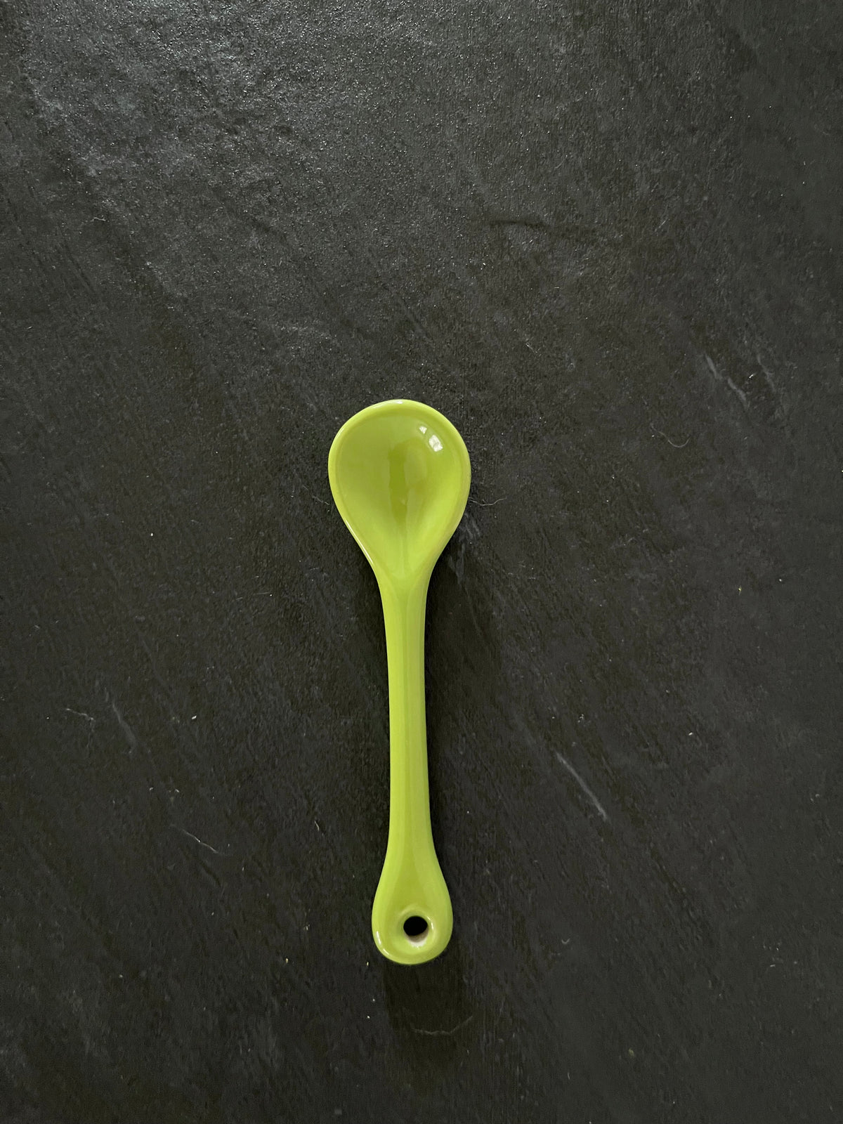Vintage Avocado Green Ceramic Spoon – 4” Mini Condiment / Demitasse Spoon – Retro Kitchen Accent