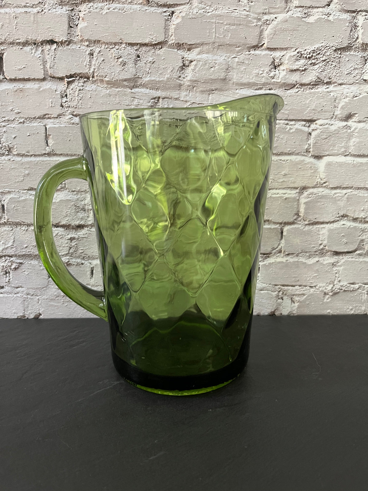 Vintage Hazel Atlas Avocado Green Diamond Glass Pitcher – 1960s