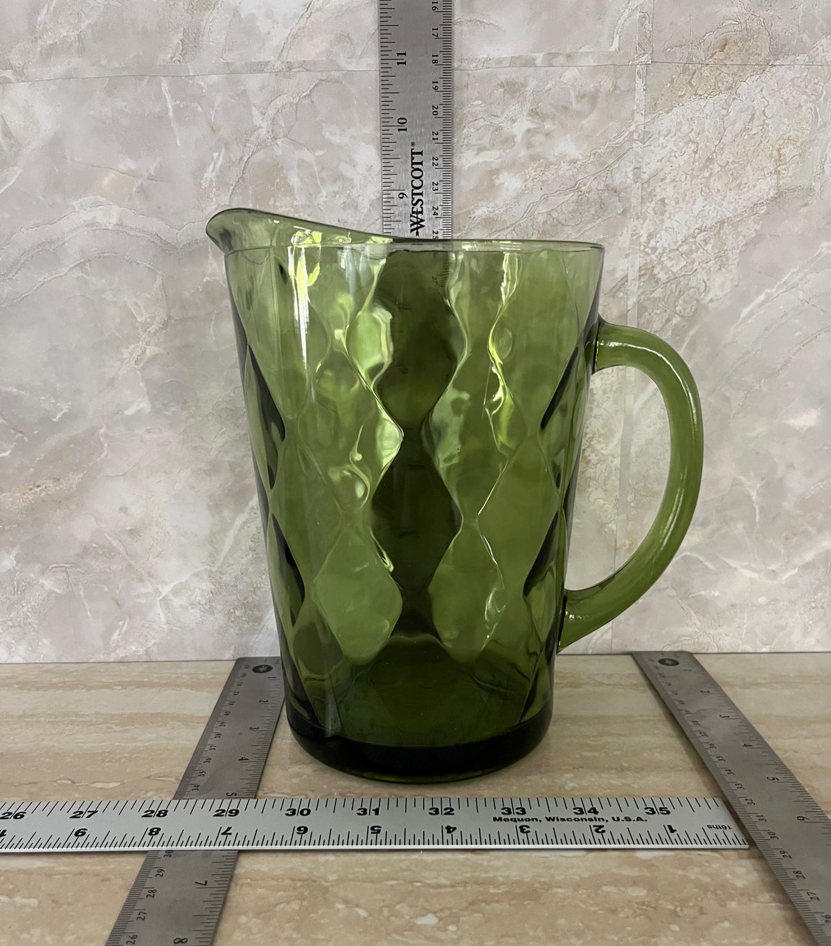 Vintage Hazel Atlas Avocado Green Diamond Glass Pitcher – 1960s