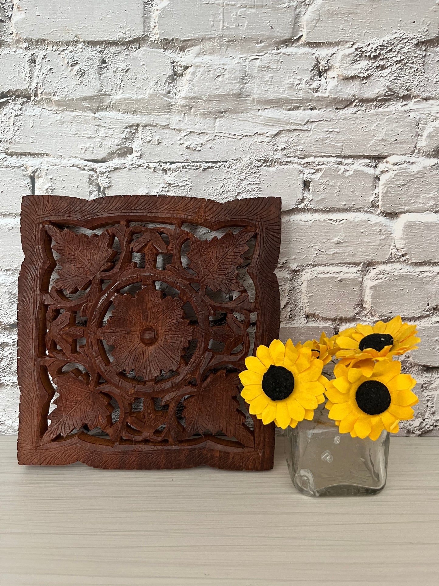 Retro Hand-Carved Indian Hardwood Floral Lattice Trivet Pair — Mid-Century (c. 1960s–1970s)
