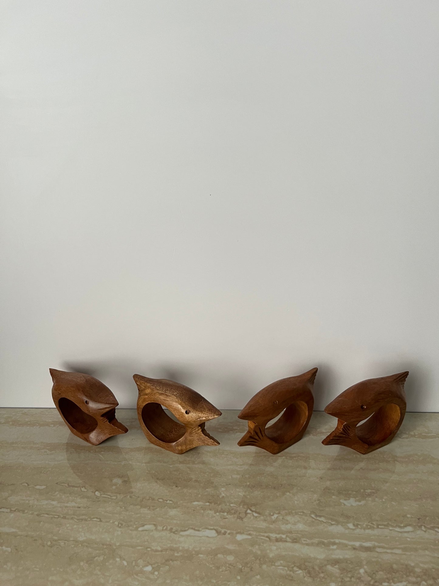 Vintage 1970s Hand-Carved Wooden Fish Napkin Rings – Sculptural Mid-Century Modern Set of 4