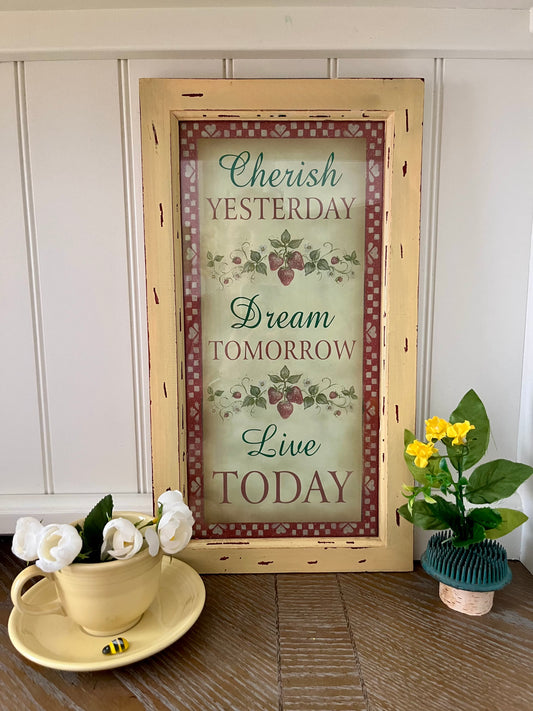 Vintage Strawberry Cottagecore Framed Wall Art – “Cherish Yesterday Dream Tomorrow Live Today” Kitchen Sign