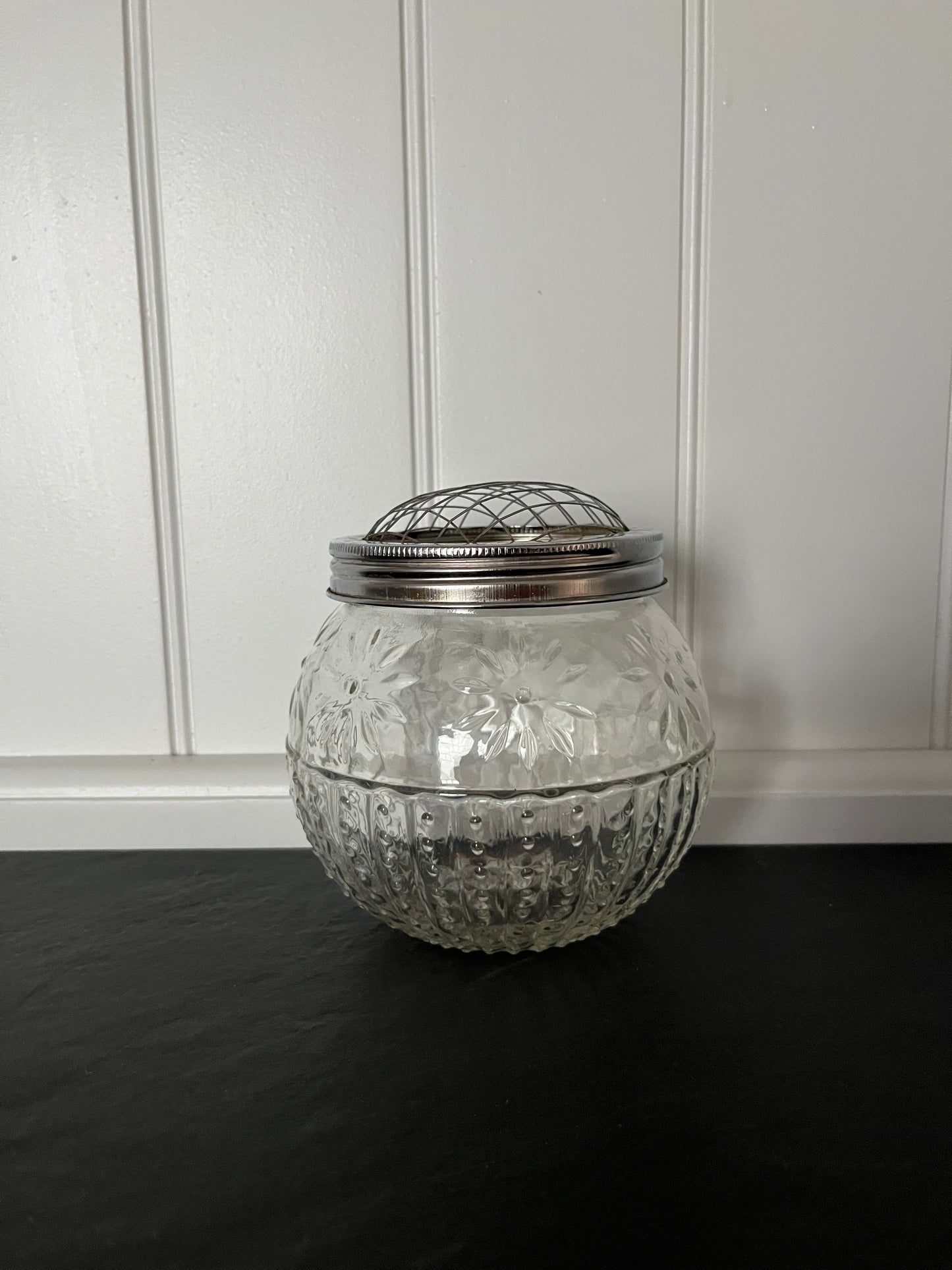 Mid-Century Pressed Glass Jar with Metal Floral Frog Lid – Daisy Relief Design | c. 1950s–60s