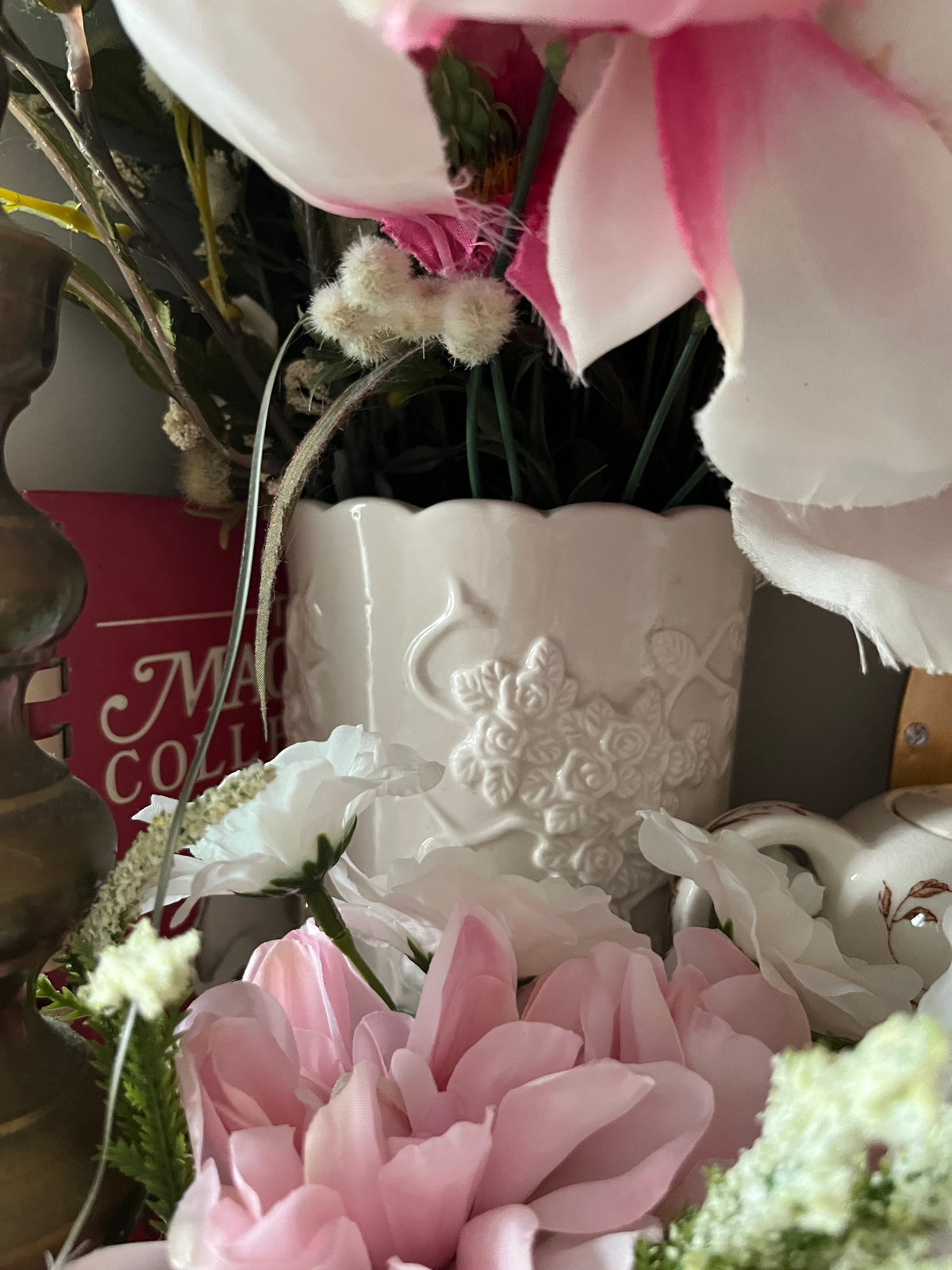 Vintage Rose Vine Embossed White Ceramic Scalloped Top Vase - 9.5" Height - 4.5" Diameter - Classic Elegance