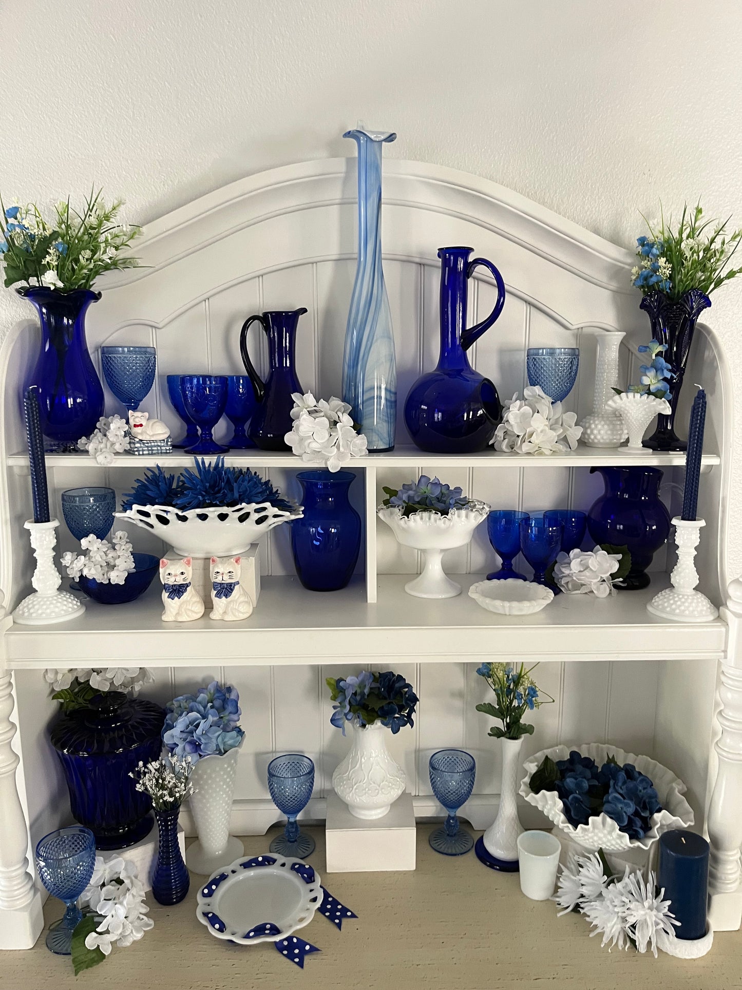 Vintage Hand Blown Blue Glass Carafe Pitcher Applied Handle - Cobalt Blue 1960s–1970s