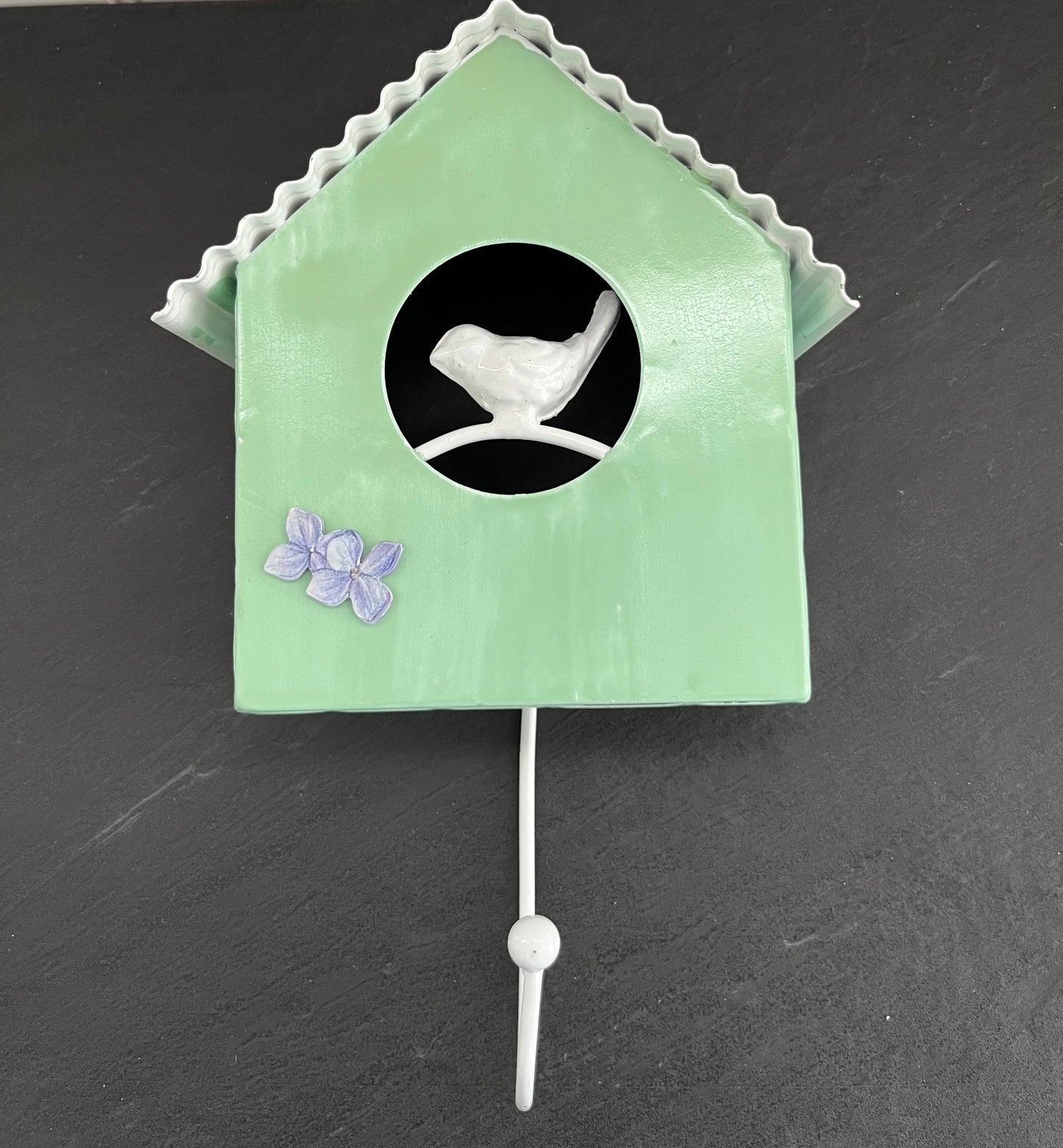 Green Metal Wall Hook Birdhouse With White Bird