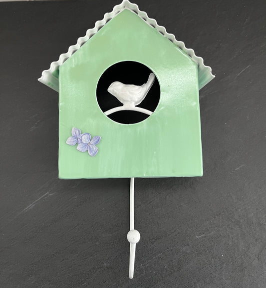 Green Metal Wall Hook Birdhouse With White Bird