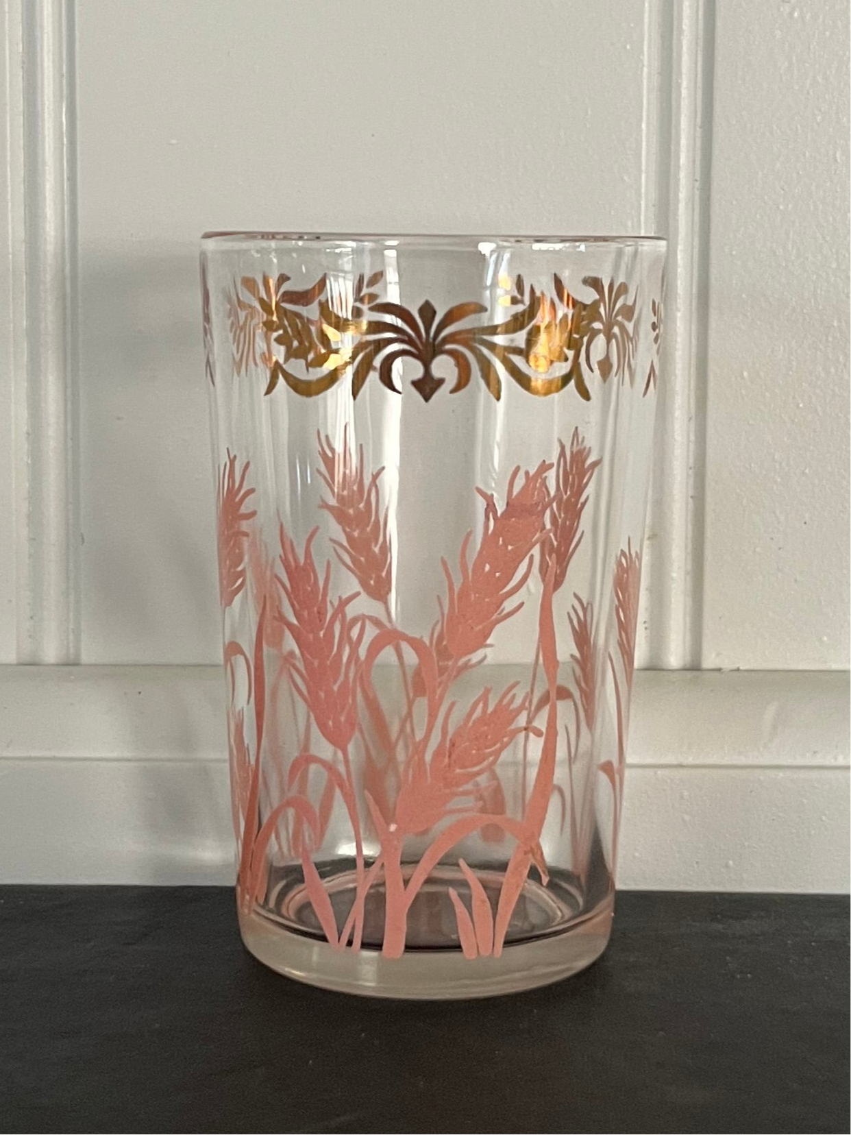 1950s Vintage Hazel Atlas “Pink Wheat” Juice Glass – 5oz with Gold Scroll Rim